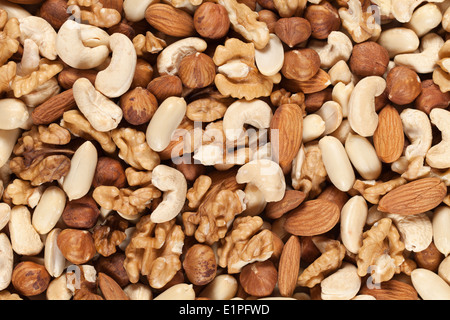 Collezione di dadi come arachidi, noci, mandorle, nocciole, noci del Brasile e macadamias formando uno sfondo Foto Stock