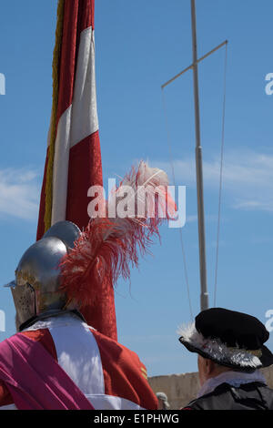 Birgu, Valletta, Malta. Il giorno 08 Giugno, 2014. St John's Cavalier in Birgu vicino a La Valletta, Malta domenica 8 giugno 2014. Reenactors ritrarre una cerimonia medievale. Questo mostra la guarnigione della fortezza dei Cavalieri di San Giovanni che viene ispezionata dal Grand ufficiale giudiziario dell'ordine. Credito: Chris Poole/Alamy Live News Foto Stock