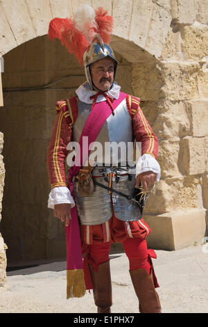 Birgu, Valletta, Malta. Il giorno 08 Giugno, 2014. St John's Cavalier in Birgu vicino a La Valletta, Malta domenica 8 giugno 2014. Reenactors ritrarre una cerimonia medievale. Questo mostra la guarnigione della fortezza dei Cavalieri di San Giovanni che viene ispezionata dal Grand ufficiale giudiziario dell'ordine. Credito: Chris Poole/Alamy Live News Foto Stock