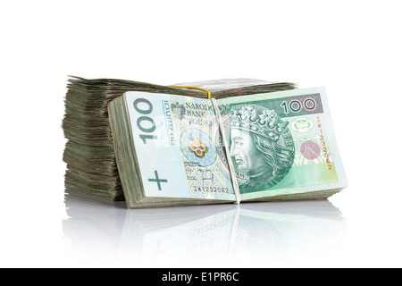 Polacco banconote denaro su sfondo bianco. Pila di contanti Foto Stock
