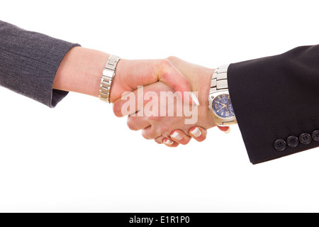 Business la stretta di mano tra un uomo e una donna i colleghi Foto Stock