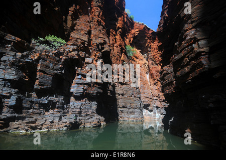 Rosso strette pareti di roccia di Joffre Gorge, Karijini National Park, Hamersley Range, Pilbara, Australia occidentale Foto Stock