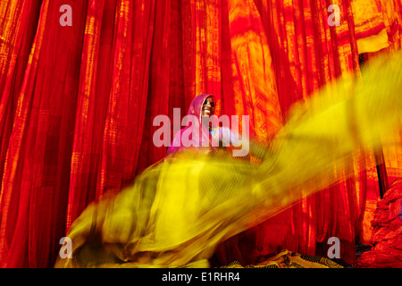 India Rajasthan, sari fabbrica di indumento Foto Stock