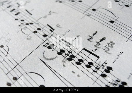 Foglio di musica note cliente melody close up nero bianco composizione linee sinistra destra mani treble schisi stampato su carta Foto Stock