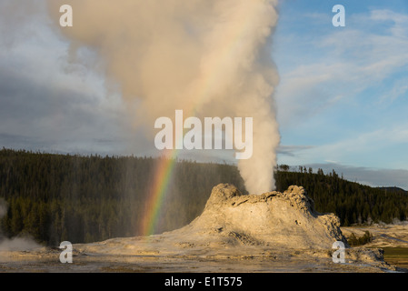 Un bellissimo arcobaleno formato durante una eruzione del Castle Geyser. Parco Nazionale di Yellowstone, Wyoming negli Stati Uniti. Foto Stock