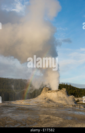 Un bellissimo arcobaleno formato durante una eruzione del Castle Geyser. Parco Nazionale di Yellowstone, Wyoming negli Stati Uniti. Foto Stock