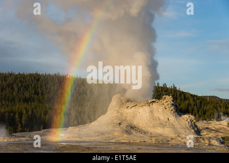 Un bellissimo arcobaleno formato durante una eruzione del Castle Geyser. Parco Nazionale di Yellowstone, Wyoming negli Stati Uniti. Foto Stock