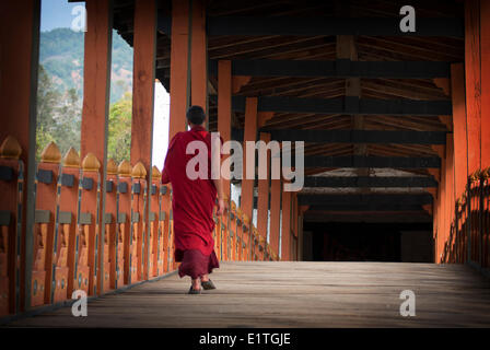 Un monaco passeggiate attraverso un ponte sul suo modo di Phunaka Dzong vicino a Punakha, Bhutan. Foto Stock