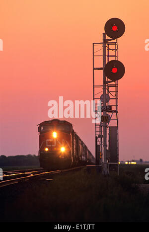 Chiusura del segnale di rampa con il treno in avvicinamento in background, vicino a Winnipeg, Manitoba, Canada Foto Stock