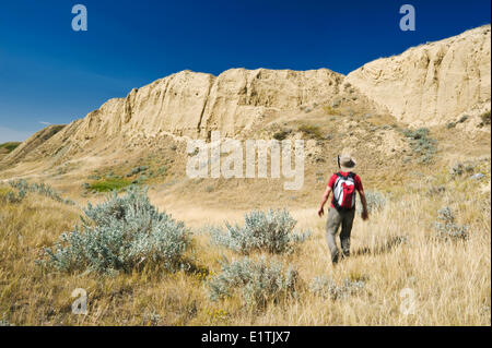Escursionista, sud e sulla Valle del Fiume Saskatchewan vicino Beechy, Saskatchewan, Canada Foto Stock