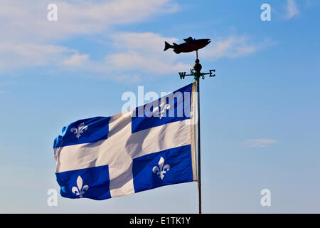 Banderuola segnavento salmone e Quebec bandiera, Carleton-sur-Mer, Gaspe, Quebec, Canada Foto Stock