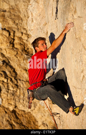 Un uomo si arrampica il percorso dello sport il fuoco nel cielo 12b al tramonto, Echo Canyon, Canmore, Alberta, Canada Foto Stock