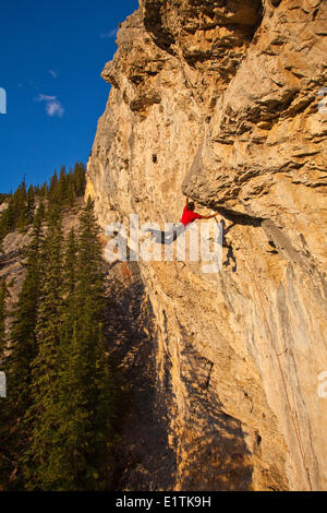 Un uomo si arrampica il percorso dello sport il fuoco nel cielo 12b al tramonto, Echo Canyon, Canmore, Alberta, Canada Foto Stock