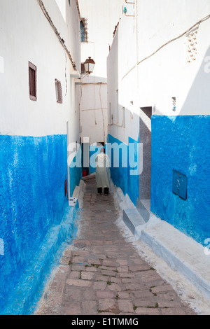 Il pittoresco stretto blu e strade bianche in Oudaia Kasbah, Rabat, Marocco. Foto Stock