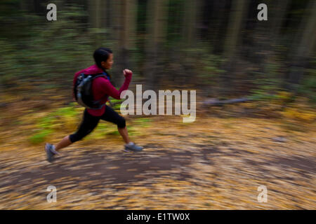 Un giovane, montare donna trail running la Highline Trail in Canmore, AB Foto Stock