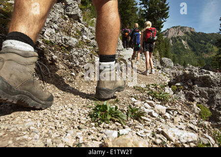 Due giovani famiglie escursione sul Sentiero Tamarack. Island Lake Lodge, vicino al Fernie, BC, Canada. Foto Stock