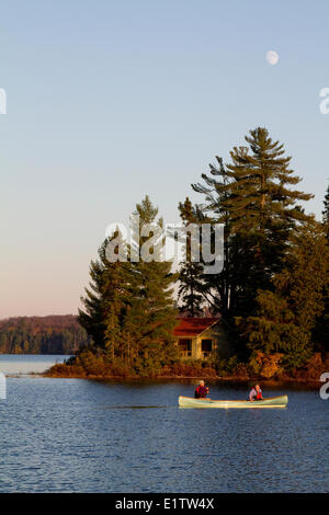 Giovane paddle canoa sul lago di origine, Algonquin Park, Ontario, Canada. Foto Stock