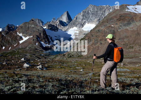 Escursionista guardando Bugaboo guglia e Lago di cobalto, Bugaboo Parco Provinciale, British Columbia, Canada Foto Stock