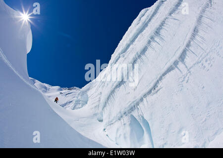 Un backcountry rider touring fino a fortemente crevassed ghiacciaio al ghiacciaio Lodge, Canadian Rockies, Golden, BC Foto Stock