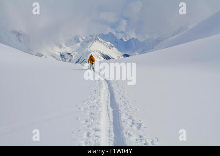 Un maschio di backcountry rider tour di sci torna al lodge dopo una giornata di sole in canadese Rockies. Ghiacciaio Lodge, Golden, BC Foto Stock