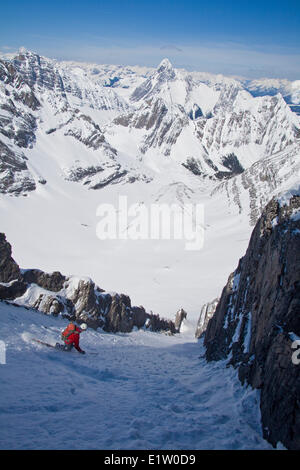 Un maschio di backcountry rider su tele sci scende un ripido couloir con un unico arco calcareo in esso. Mt. Il francese Peter Lougheed Foto Stock