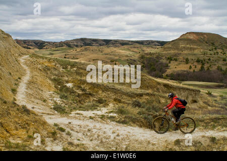 Una femmina di mountain biker segue una perfetta nastro di singletrack. Maah Daah Hey Trail, North Dakota Foto Stock