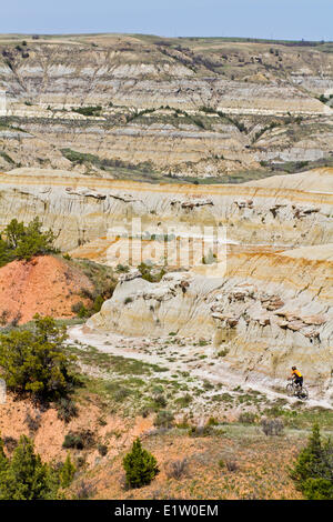 Un uomo di mezza età mountain bike la singola traccia del Maah Daah Hey Trail, North Dakota Foto Stock