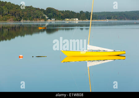 Barca a vela si riflette nel fiume LaHave, Little Island, Nova Scotia, Canada Foto Stock