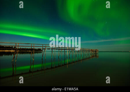 Luci del nord (aurora boreale) riflesso nel Lago Winnipeg, Matlock, Manitoba, Canada Foto Stock