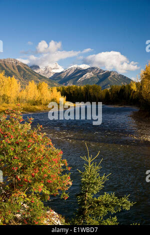 Elk River e tre sorelle in autunno, Fernie, BC, Canada. Foto Stock