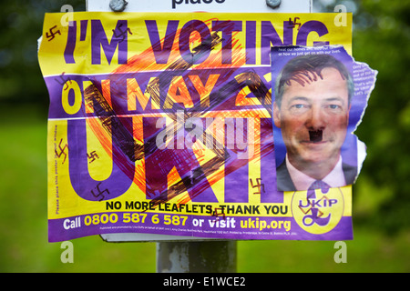 Il UKIP cartellone elettorale coperto di svastiche con una foto di Nigel Farage modificati per apparire come Hitler aggiunto Foto Stock