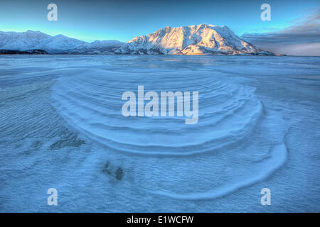 Vento neve soffiata creare interessanti motivi sulla superficie gelata Lago Kluane Yukon. Pecore di montagna è visibile in lontananza. Foto Stock