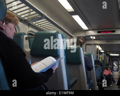 Donna lettura Metro-North sul treno dei pendolari in New York, Stati Uniti d'America, 30 maggio 2014, © Katharine Andriotis Foto Stock