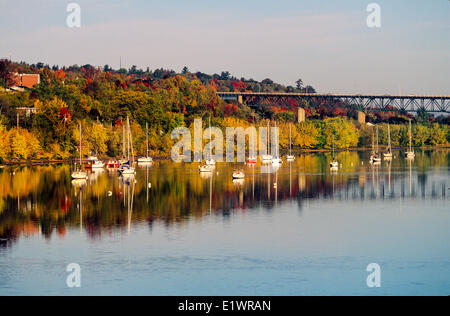 Barche a vela si riflette nel fiume Saint John, Fredericton, New Brunswick, Canada Foto Stock