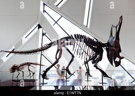 Madre con bambina e ragazzo alla ricerca di fossili di dinosauro al Royal Ontario Museum di Toronto, Ontario, Canada Foto Stock