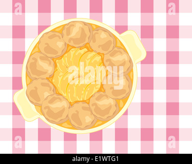 Una illustrazione di un ciabattino con dessert deliziosi fruttato fette di pesche circondato da home lanuginose scones Foto Stock