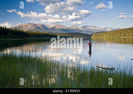 Medio di sesso maschile di età compresa la pesca con la mosca in Patricia Lake, il Parco Nazionale di Jasper, Alberta, Canada. Foto Stock