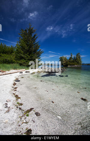 Limpide acque bianche spiagge sabbiose accolgono i visitatori dell'isola a mano nella rotta Isola Gruppo Barkley Sound Vancouver Island Foto Stock