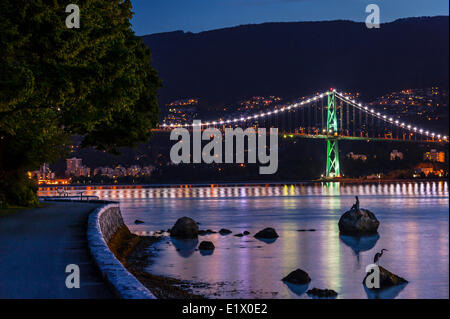 Ponte Lions Gate e airone cenerino, Vancouver, British Columbia, Canada Foto Stock