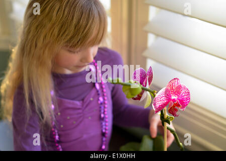 Ragazza giovane appeso accanto a un'orchidea Foto Stock