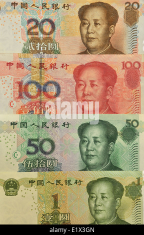 Valuta cinese 1 20 50 100 yuan note Foto Stock