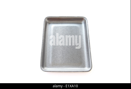 Nero a svuotare il vassoio per alimenti o prodotti alimentari di schiuma contenitore isolato su sfondo bianco. Foto Stock