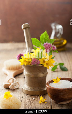 Mortaio con i fiori e le erbe per il centro termale e aromaterapia Foto Stock