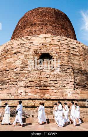 Adoratori al Dhamekh Stupa, Sarnath dove Gautama Buddha prima insegnato il Dharma, vicino a Varanasi India Foto Stock