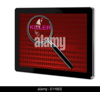 Close up della lente di ingrandimento sul killer sullo schermo del tablet realizzato nel software 3D Foto Stock