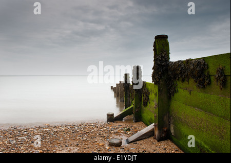 Whitstable, pier, groyne, spiaggia, mare, jetty, mare Coast Inghilterra, inglese, Regno Unito, Gran Bretagna, estate Foto Stock