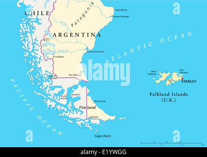 Isole Falkland Mappa politica e parte del Sud America con le frontiere nazionali più importanti città, fiumi e laghi. Foto Stock