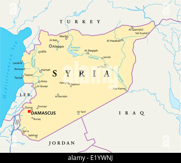 La siria mappa politico - politico Mappa di Siria con capitale Damasco, confini nazionali più importanti città, fiumi e laghi. Foto Stock