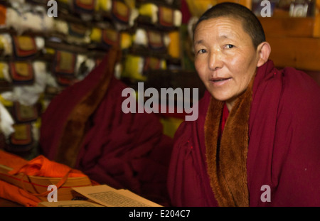 Nepal Himalaya monaca buddista presso il monastero Kharigandentenphelling nel villaggio di Thamo Solukhumbu Mt Everest 90 Foto Stock