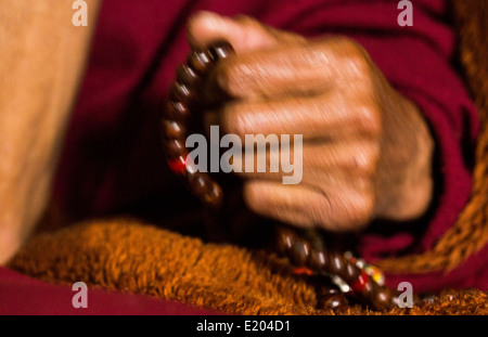 Nepal Himalaya monaca buddista con grani di preghiera presso il monastero Kharigandentenphelling nel villaggio di Thamo Solukhumbu 90 Foto Stock